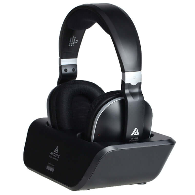 Wireless on-ear headphones in black resting in a charging dock, perfect for TV listening.