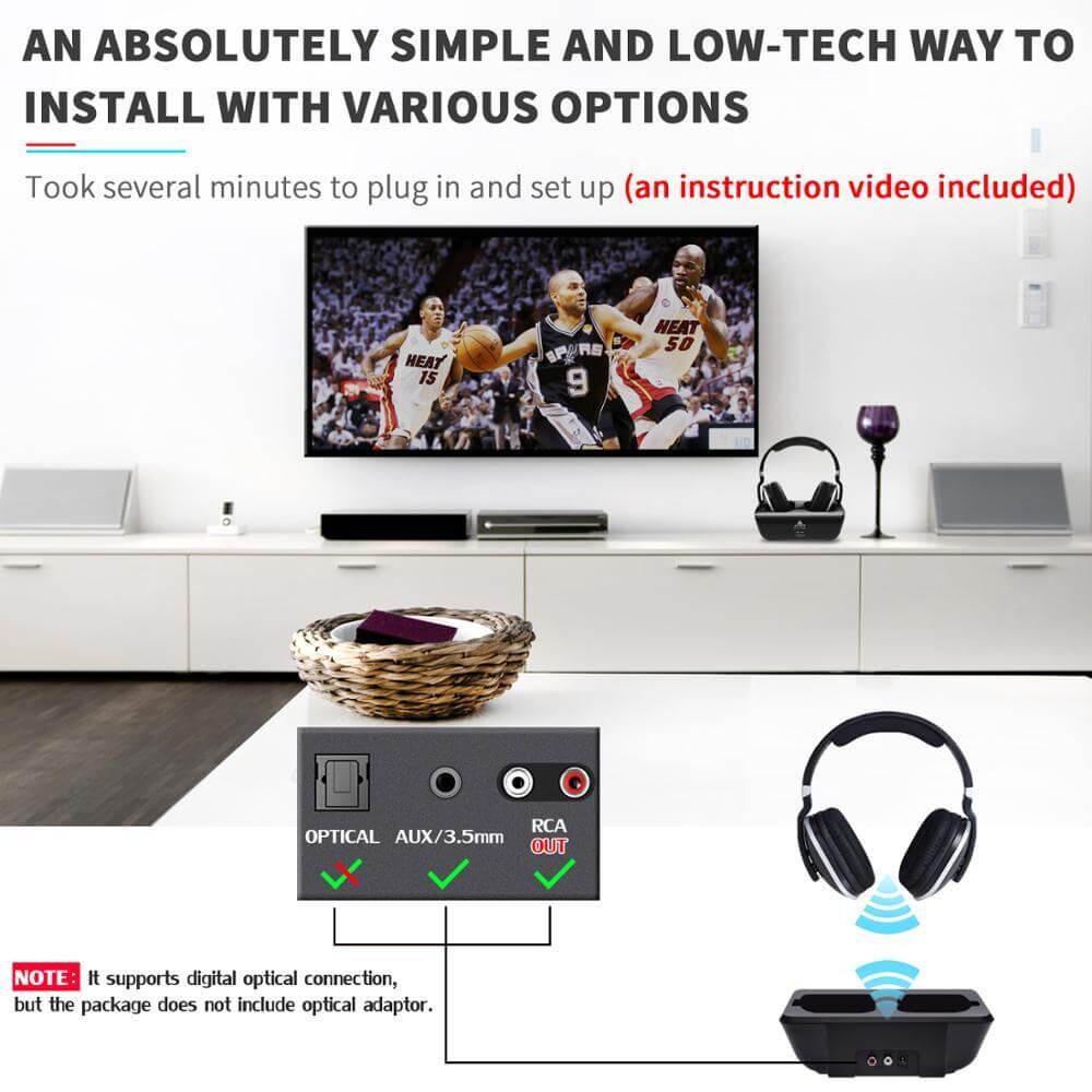 Installation setup for wireless headphones with visual instructions and multiple connection options.