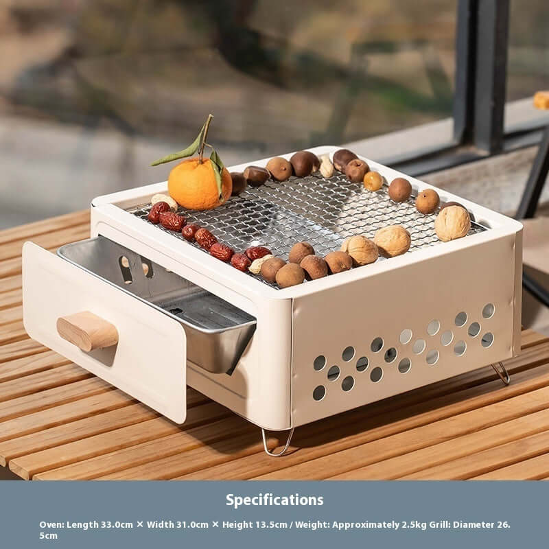Square outdoor barbecue oven in white with grill net and charcoal drawer, suitable for 3-5 people.