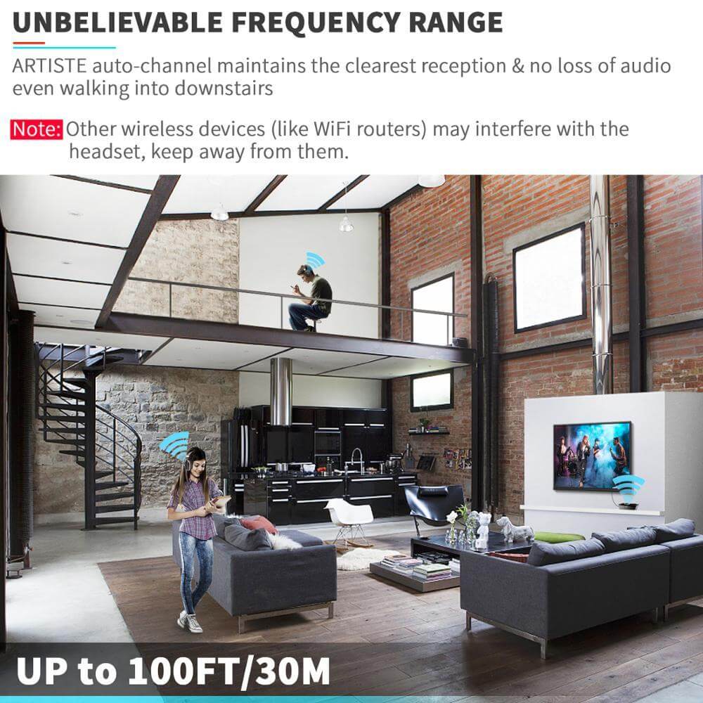Living room showcasing wireless headphones with clear audio reception, demonstrating range up to 100FT/30M.