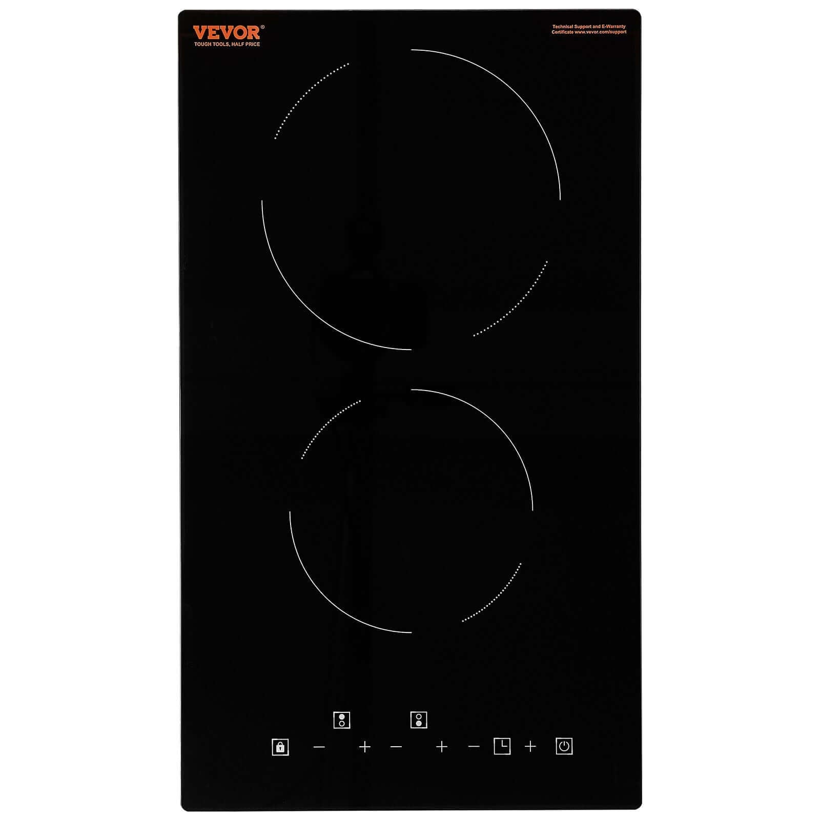 VEVOR built-in electric stove with two cooking zones and touch control panel, sleek black design.