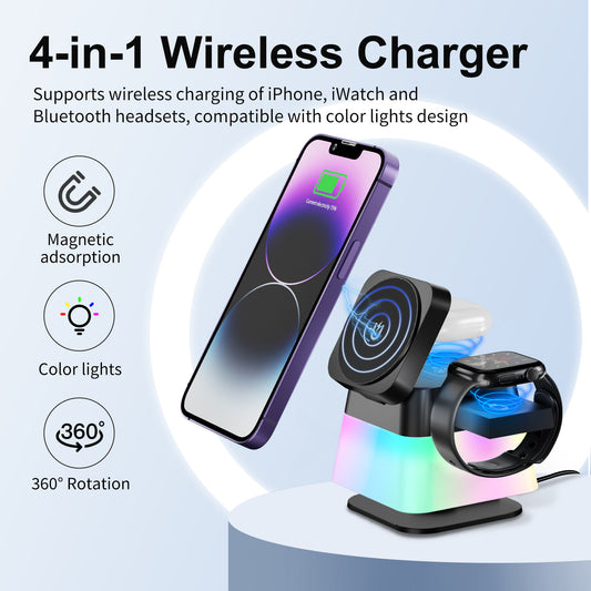 4 IN 1 ROTABLE COLORFUL LIGHTING WIRELESS CHARGER STAND FOR IPHONE
