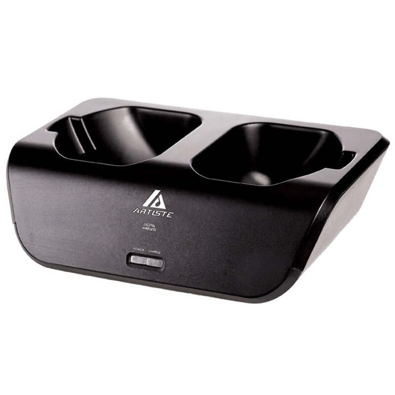 Artiste wireless headphone charging dock with dual slots, sleek black design, and indicator lights.