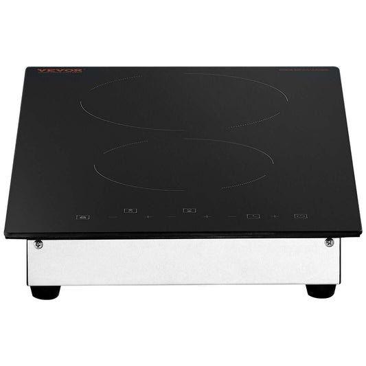 VEVOR built-in electric stove with two induction cooktops and stainless steel base.